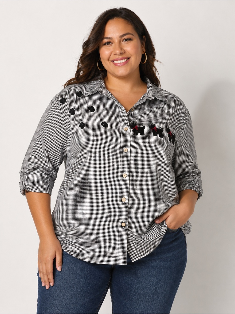 bill blass Black and White Gingham Button-Down‎ Shirt Embroidered Accents 1X